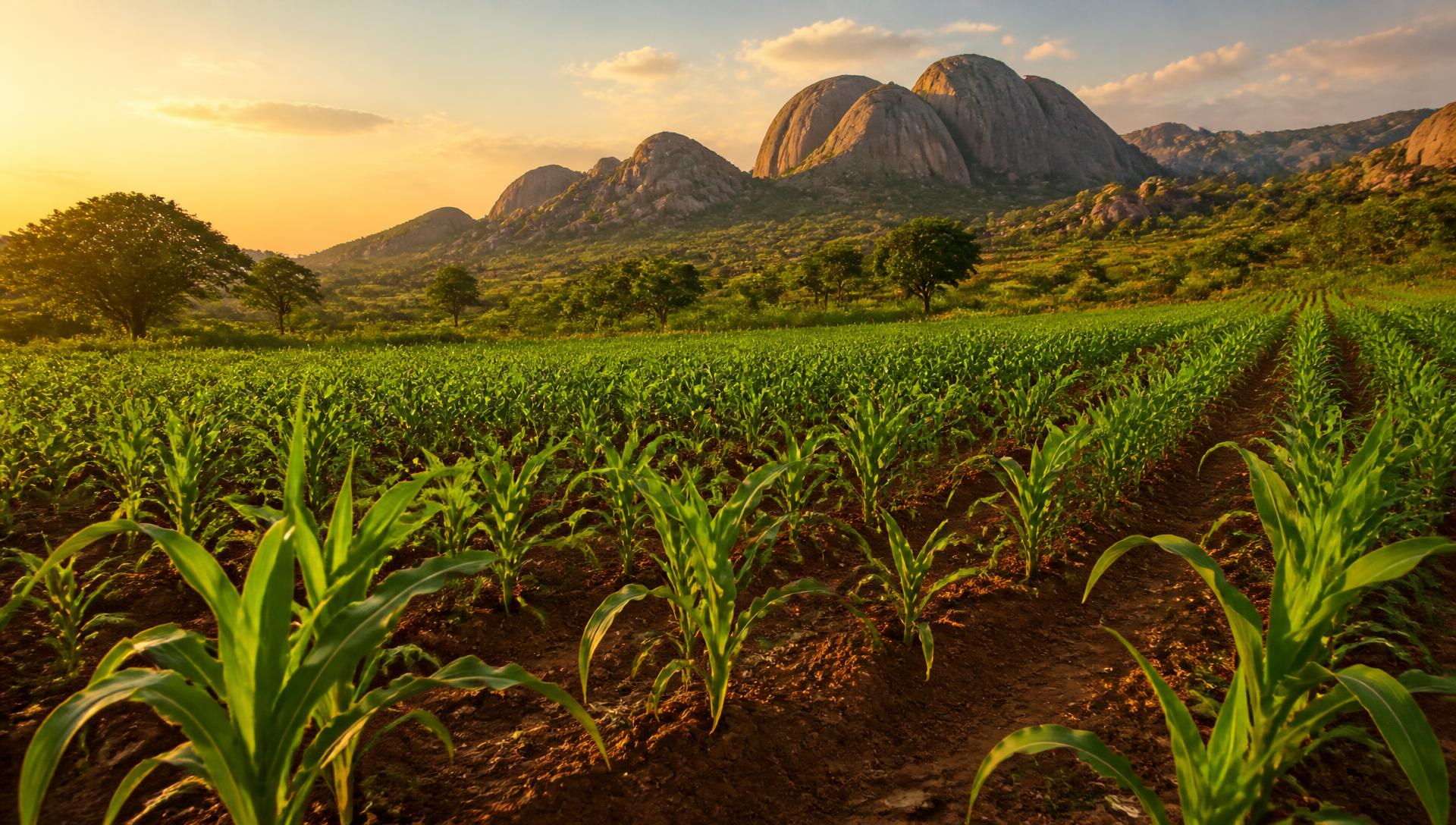 Rows of young maize growing in red soil with hills behind at sunset